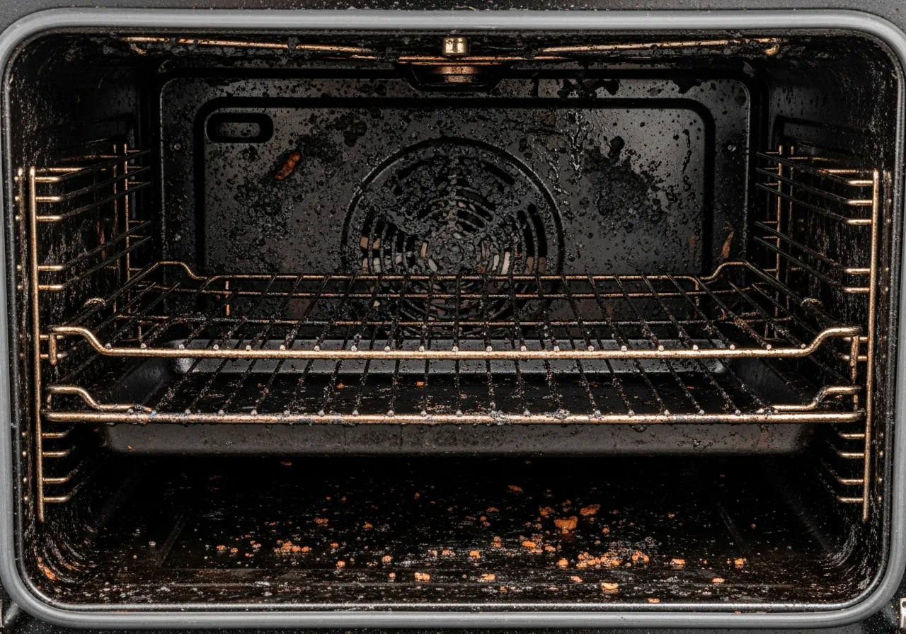 Close-up of dirty oven interior showing burnt black carbon deposits and grease buildup on walls and racks