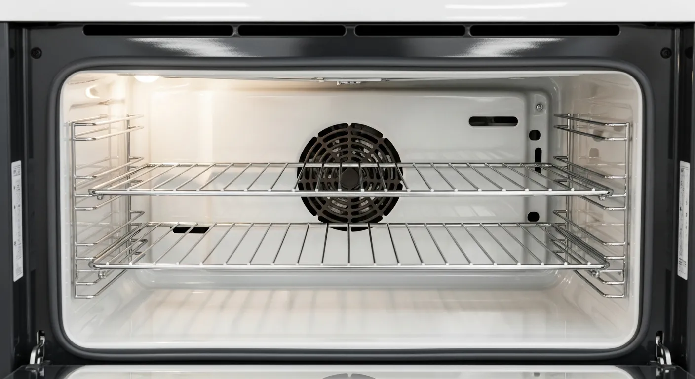 Sparkling clean modern oven interior with shiny chrome racks and pristine glass door
