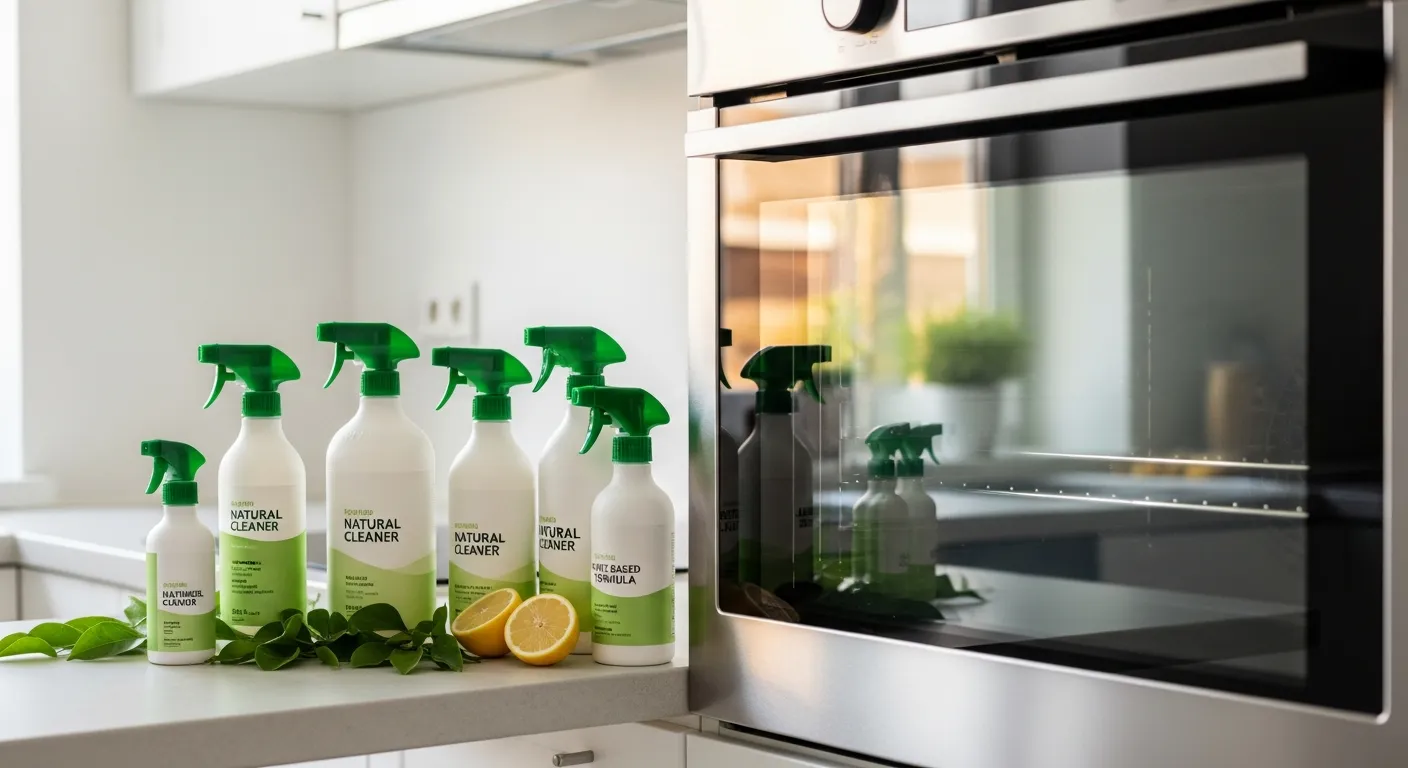 Eco-friendly green cleaning products with natural ingredients beside a sparkling clean oven