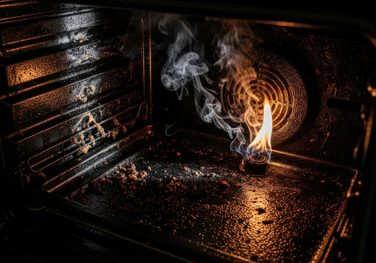 Oven with visible grease buildup showing potential fire hazard from accumulated residue