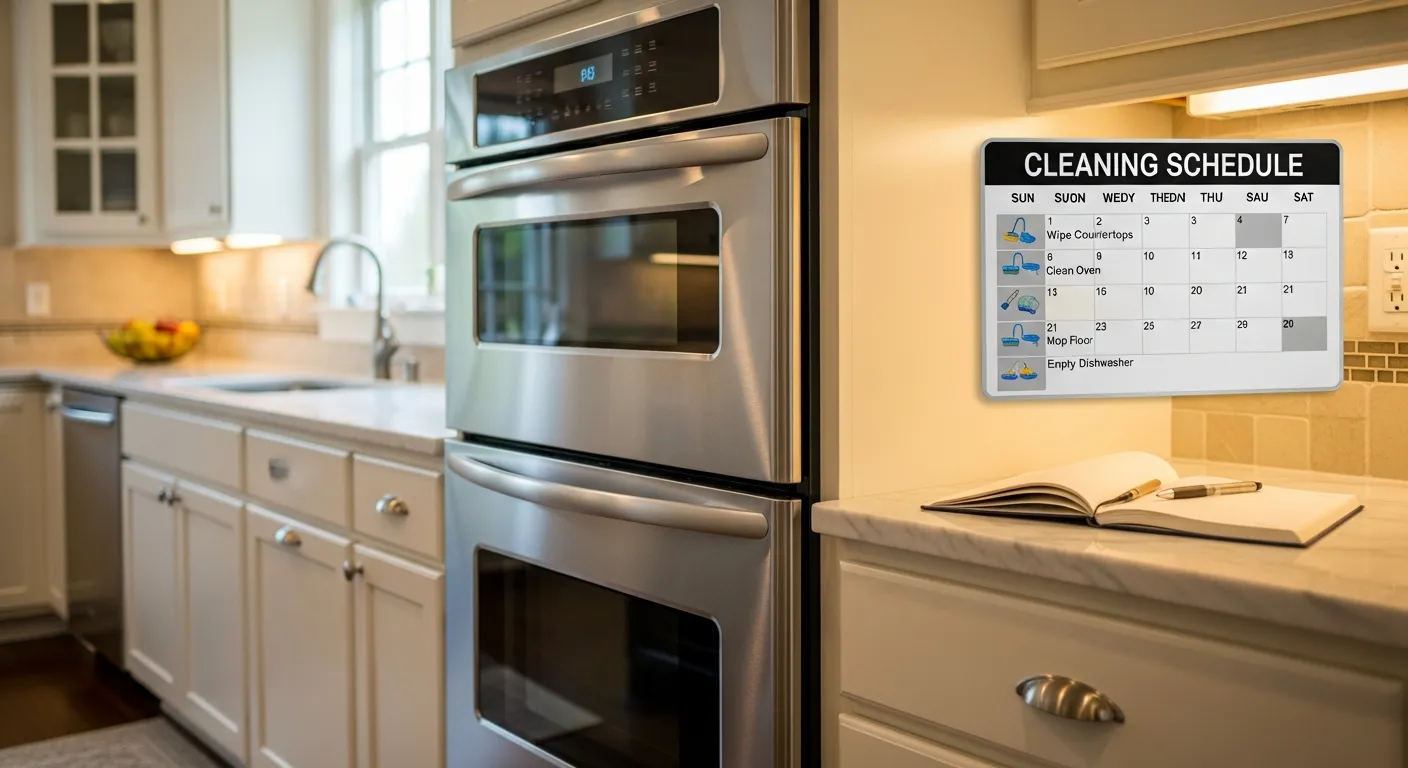 Calendar with cleaning schedule reminder next to a modern kitchen oven