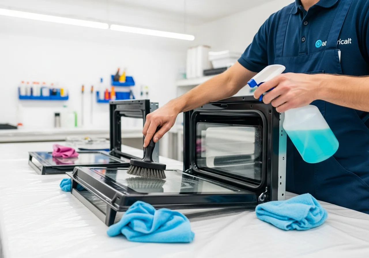 Professional oven cleaner in uniform working on dismantled oven door with specialized cleaning equipment