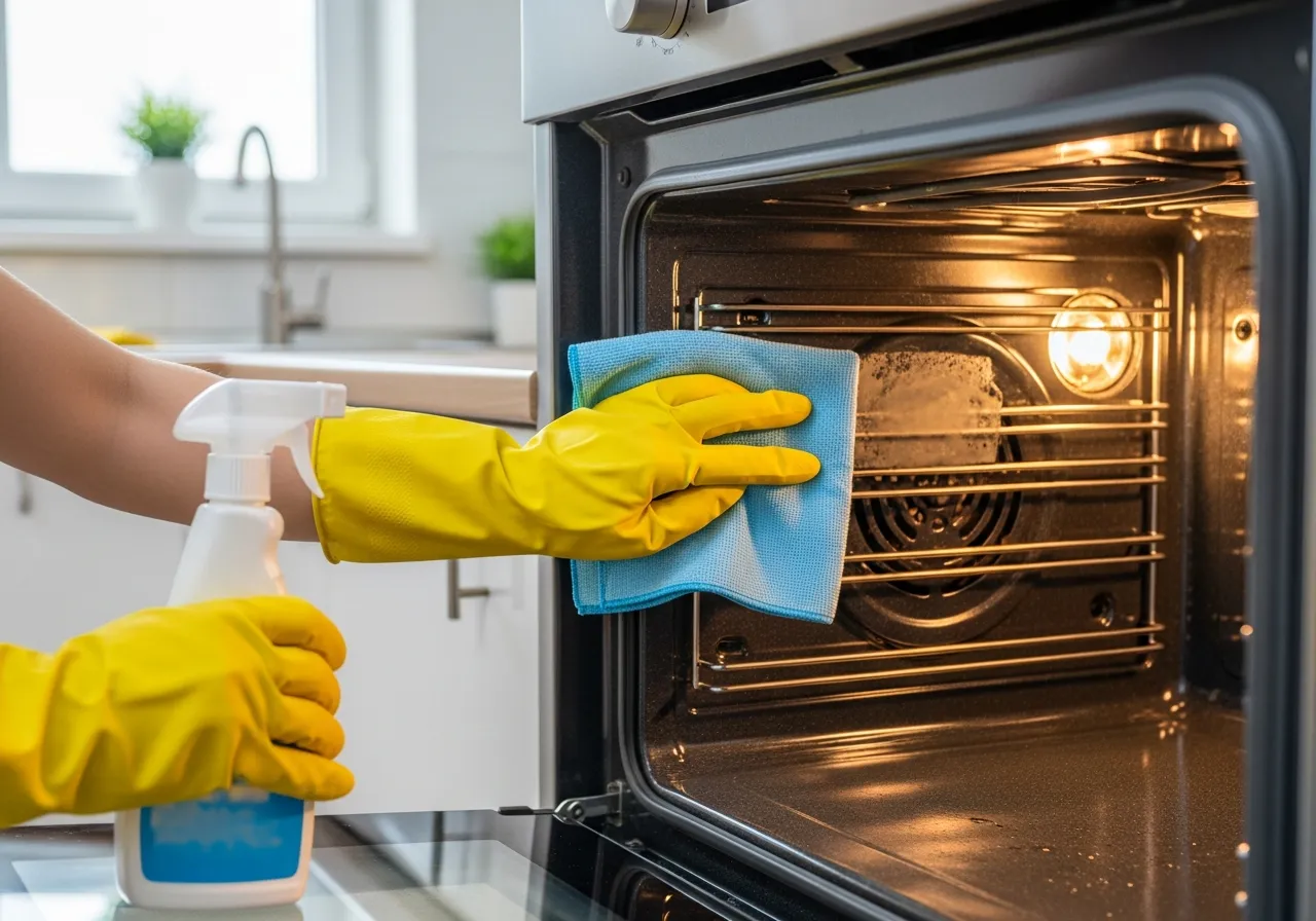 Person wearing yellow rubber gloves wiping down oven interior with a microfibre cloth
